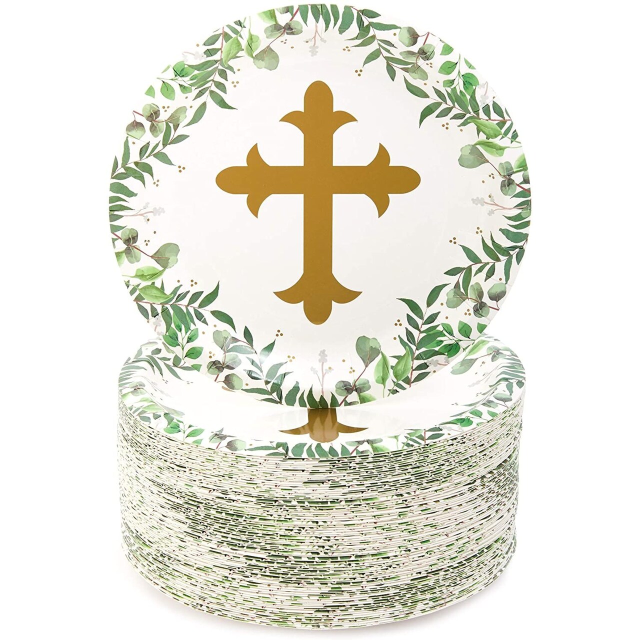 80 Pack Religious Cross Baptism Paper Plates - 7 Inch Disposable Paper Plate for Baby Christening, Baptism, Easter Party Decorations